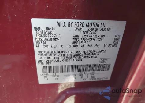 2014 Lincoln Mkx из США, поврежденный, VIN 2LMDJ8JK4EBL16083